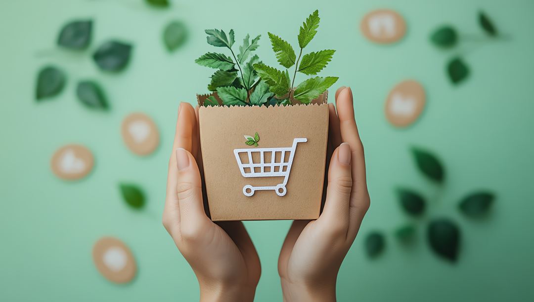 ãos segurando uma sacola de compras de papel kraft com um ícone de carrinho de compras e plantas crescendo dentro, representando o consumo consciente e a sustentabilidade.