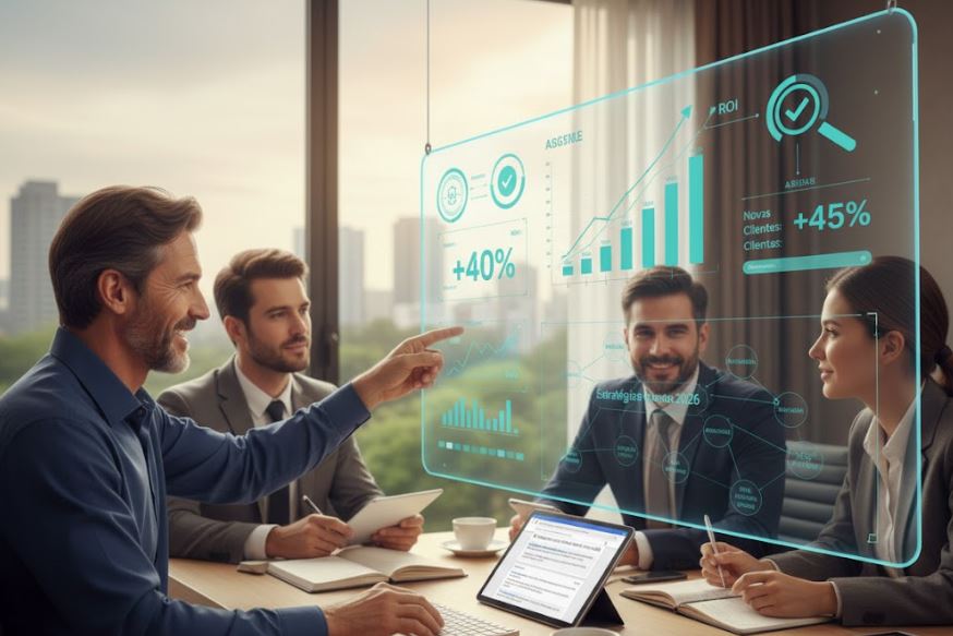 Reunião de negócios com quatro executivos em torno de uma mesa. Um homem aponta para um painel de dados holográfico que exibe gráficos de barras, indicadores de ROI e crescimento de "+40%" e "+45%" em novos clientes, representando uma análise de performance ou ABM B2B.
