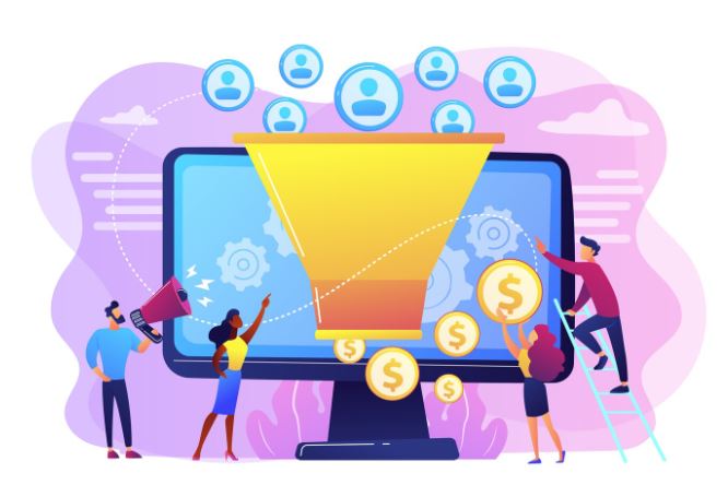 Ilustração moderna de um funil de vendas digital com as etapas do modelo AIDA (Atenção, Interesse, Desejo e Ação), mostrando a jornada do cliente até a conversão.
