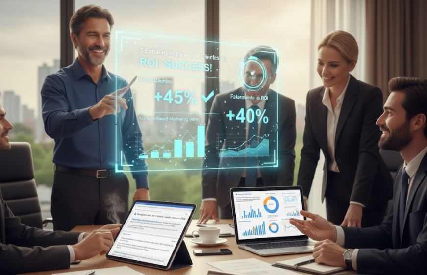 Reunião executiva com quatro pessoas em um escritório moderno. Um homem sorridente de camisa azul aponta para uma tela holográfica que exibe indicadores de sucesso e ROI, novos clientes e faturamento de ROI", enquanto os outros três executivos observam os dados de Account-Based Marketing (ABM) B2B.