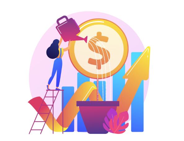 Ilustra&ccedil;&atilde;o estilo flat design mostrando uma pessoa em uma escada regando uma planta que cresce moedas de d&oacute;lar, com gr&aacute;ficos de barras e uma seta de crescimento ao fundo, simbolizando o aumento do ROI em marketing digital.