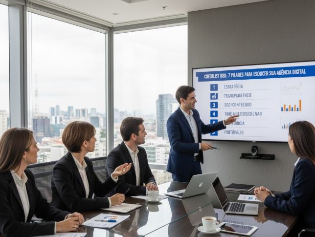 Um profissional, vestido de terno, apresenta em uma tela grande um checklist com 7 pilares (Estratégia, Transparência, SEO/Conteúdo, Time Multidisciplinar, Performance, Portfólio) para uma agência digital, durante uma reunião com quatro colegas sentados à mesa. A reunião ocorre em uma sala de escritório com janelas panorâmicas que mostram o horizonte de uma cidade.