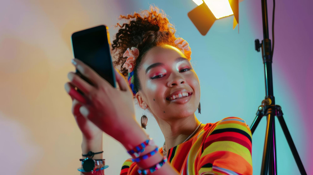 Mulher preta sorrindo tira uma selfie com um smartphone, representando o comércio social e o poder dos influenciadores de nicho em campanhas de marketing.