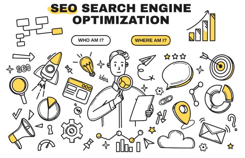 Ilustra&ccedil;&atilde;o em estilo doodle nas cores amarelo, preto e branco sobre SEO, com &iacute;cones de foguete, gr&aacute;ficos, lupa e a frase "Search Engine Optimization".